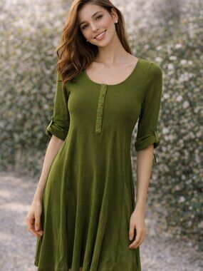 Lauren Ralph Lauren Olive Green Knit Midi Dress Button Front Flowy Large